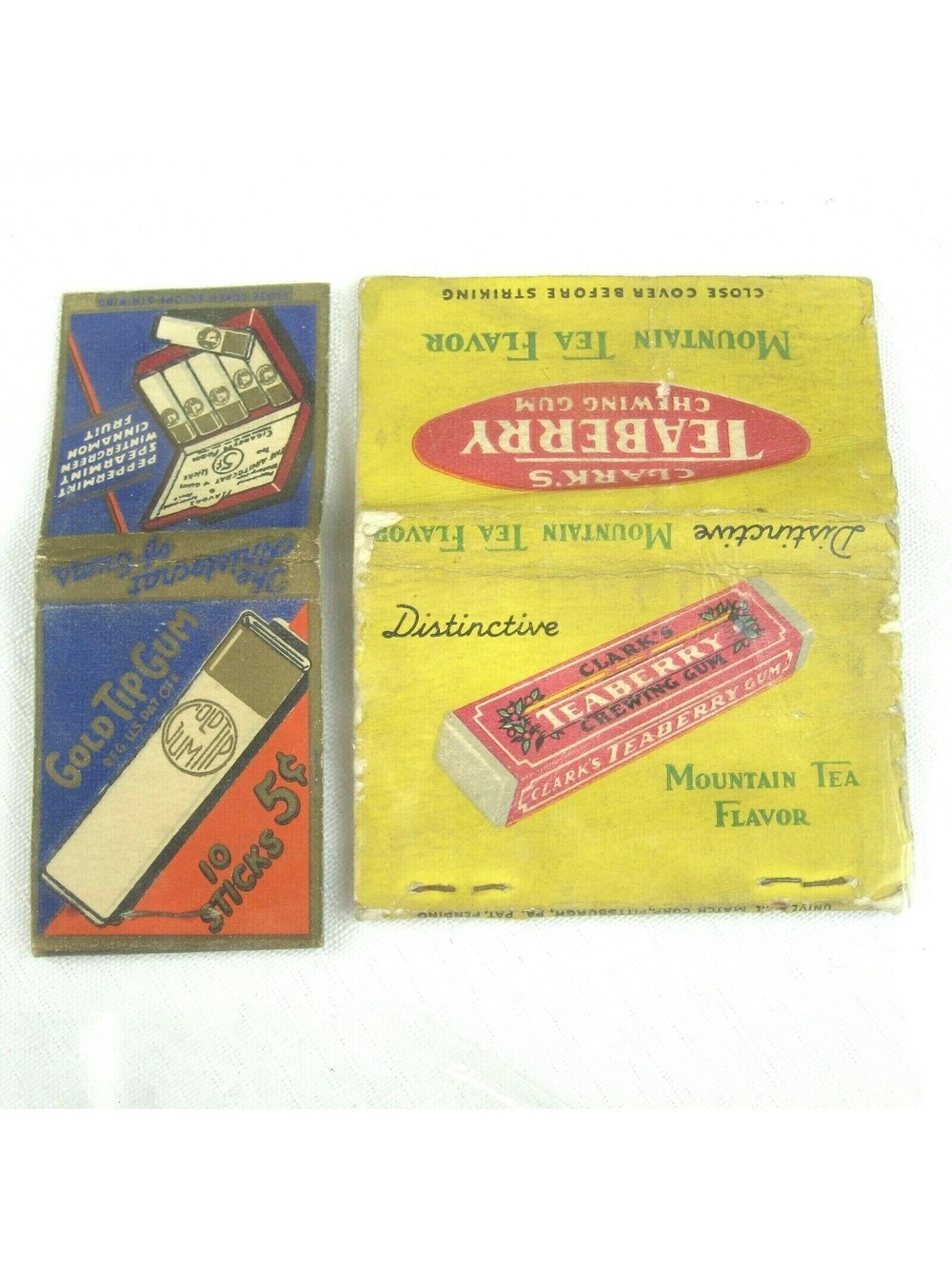 2 Vintage Matchbook Covers Gold Tip Gum Cigarette Form & Teaberry Chewing Gum